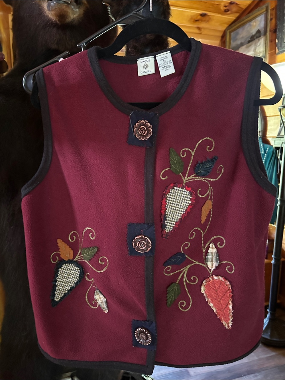 Onque Casuals Burgundy Floral Appliqué Fleece Vest with Rose Buttons